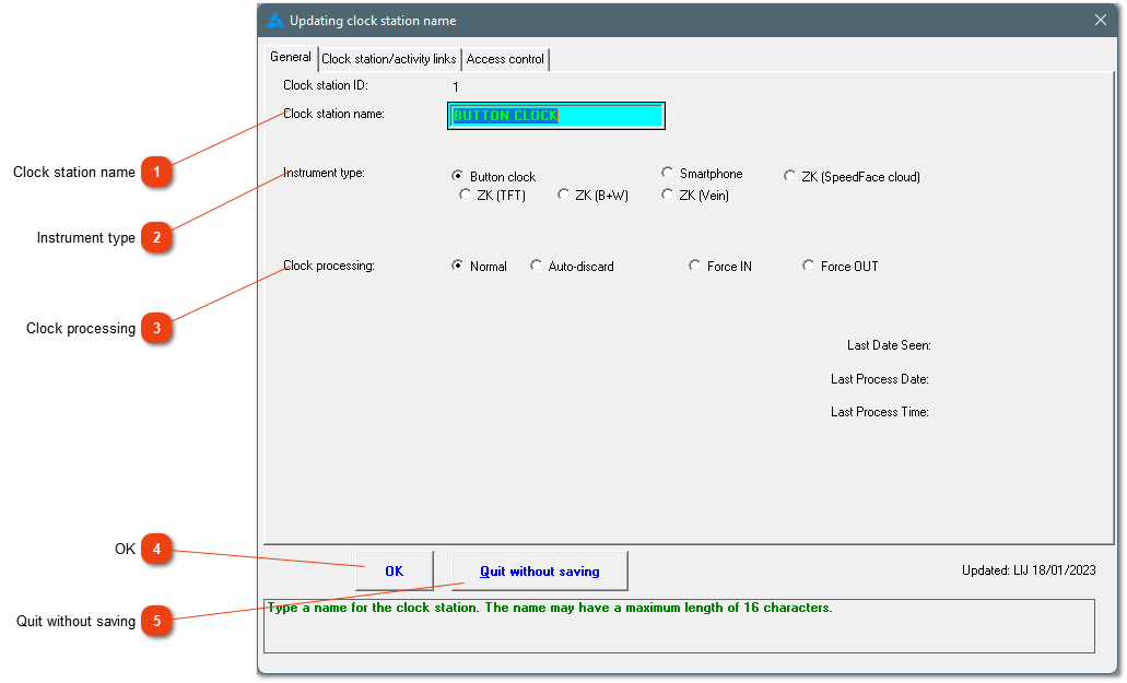 Add a new station name: General; Clock station/activity links; Access control