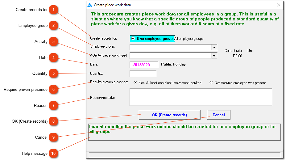 Create multiple piece work entries