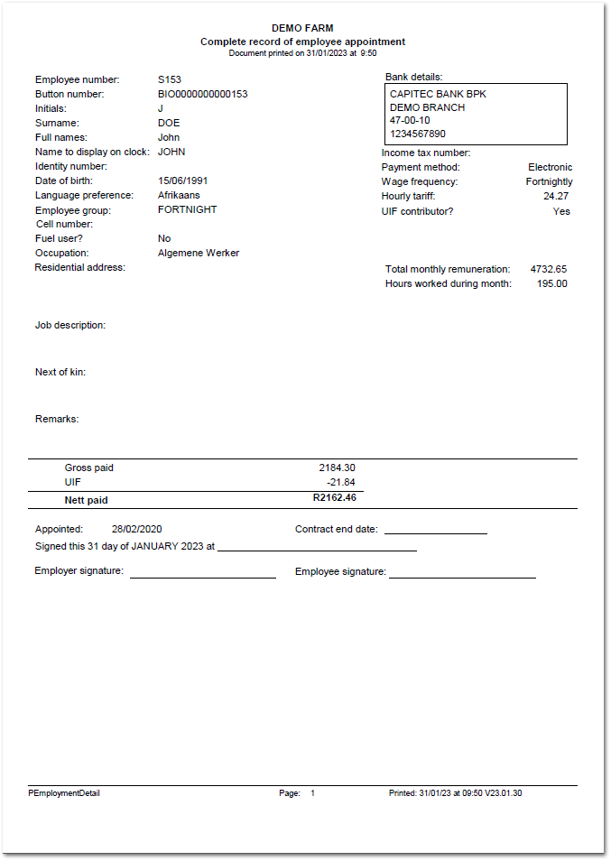 Details of employment: Printout