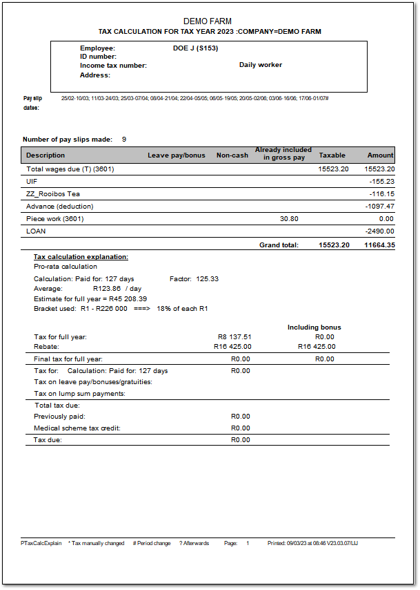 Normal (system) / SARS tax calculation