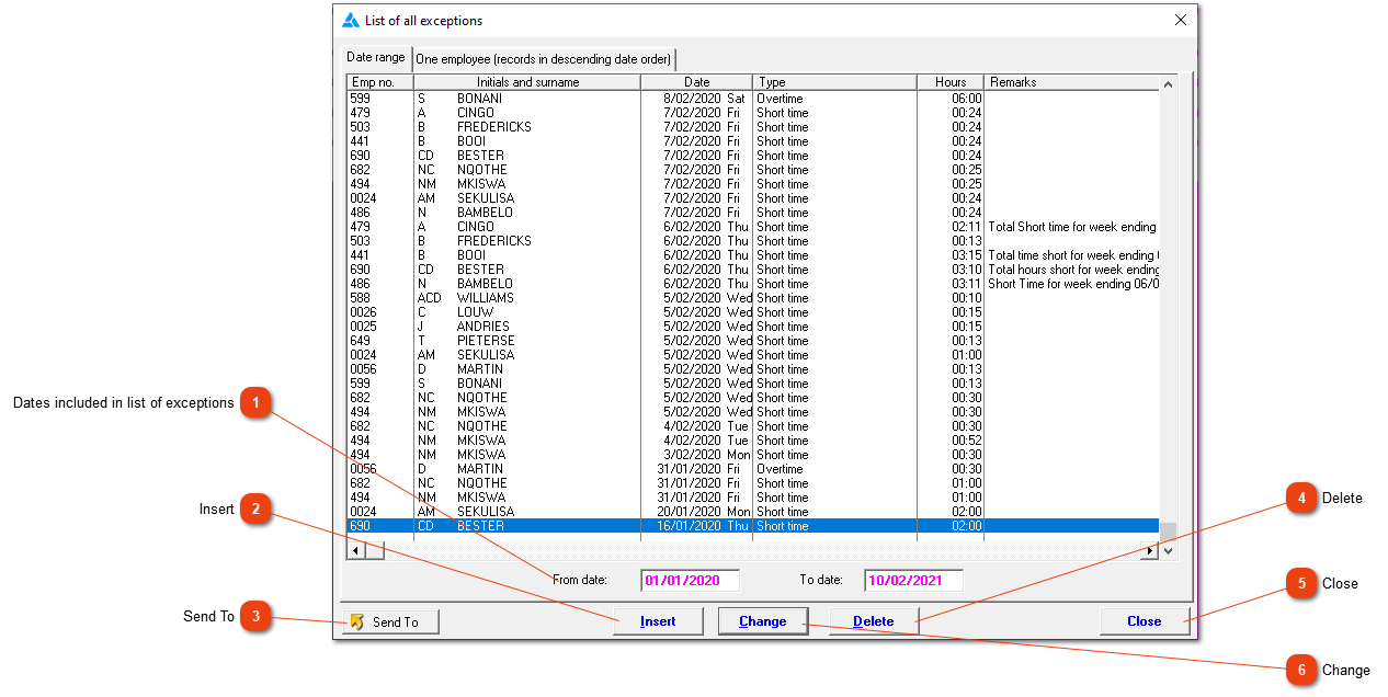 Search/update exceptions (short time and overtime)